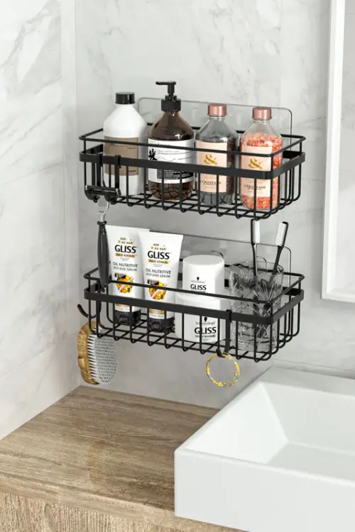 Stainless Adhesive Shower Caddy with Hooks (Set of 2)